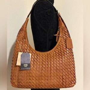 Genuine Leather Woven Hobo Bag in Tan